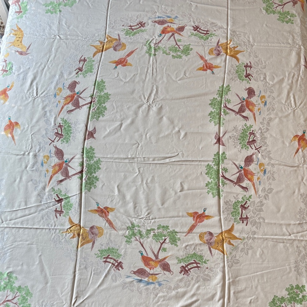 Vintage Old Bleach Linen Company Double Damask Tablecloth Pheasant Hunting